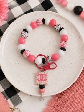 Hand Crafted Pink White Black Beaded Inspired Keychain Wristlet